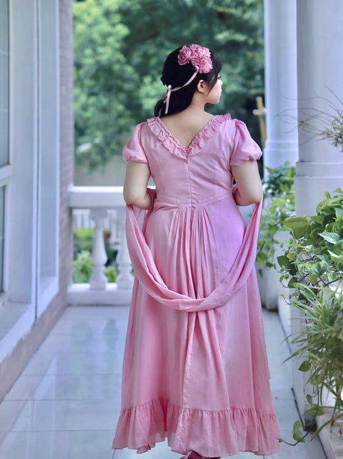 Pink Regency Era Dress with Ruffled Neckline and Puff Sleeves – Bridgerton Inspired Dress Plus Size